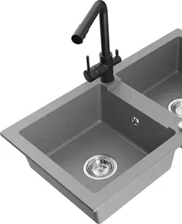 Kuchynské drezy MEXEN/S MEXEN/S - Mario granitový drez 2-bowl vrátane batérie Duero, šedá 6504-71-671600-70
