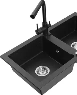 Kuchynské drezy MEXEN/S MEXEN/S - Mario granitový drez 2-bowl vrátane batérie Duero, čierna/zlatá metalik 6504-75-671600-70