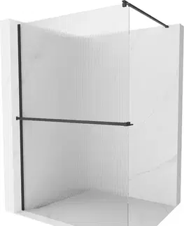 Sprchové dvere MEXEN/S - Kioto+ Sprchová zástena WALK-IN s poličkou a držiakom uterákov 90 x 200, prúžky 8 mm, čierna 800-090-121-70-09