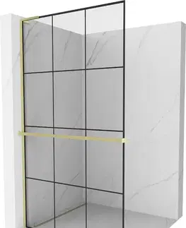 Sprchové dvere MEXEN/S - Kioto+ L Sprchová zástena WALK-IN s poličkou a držiakom uterákov 120 x 200, čierny vzor, zlatá kartáčovaná 800-120-123-55-77