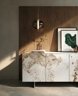 Komody DELIFE Komoda Cuor 150 cm keramika Minas Melange bielo-béžová 3 dvierka podstava závesná nerezová oceľ