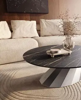 Konferenčné stolíky DELIFE Konferenčný stolík Edge okrúhly 100x100 cm keramika Laminam® Noir Desir hnedá Parabi nerezová oceľ kefovaná