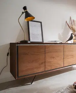 Komody DELIFE Komoda Stonegrace 200 cm akácia hnedá kamenná dyha 4 dvierka podstava v tvare V čierna