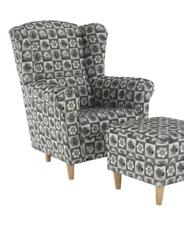Kreslá KONDELA Astrid kreslo (ušiak) s taburetkou vzor patchwork N1