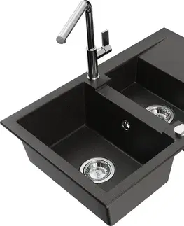 Kuchynské drezy MEXEN/S MEXEN/S - Gaspar granitový drez 1.5 s odkvapkávačom vrátane batérie Flora, čierna/zlatá metalik 6507-75-670401-00