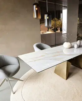 Jedálenské stoly DELIFE Jedálenský stôl Edge 300×100 cm keramika onyx perla origami metalická zlatá