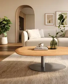 Konferenčné stolíky DELIFE Konferenčný stolík Edge oválny 140x75 cm dub prírodný okrúhla hrana Vibany nerezová oceľ kefovaná