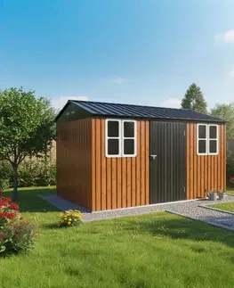 Záhradné domčeky KONDELA Gabko plechový záhradný domček 360x310x250 cm hnedá / antracit