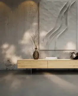 Televízne stolíky DELIFE TV stolík Cuor 200 cm keramika Laminam® Sabbia dubová farba 1 výklopné dvierka 1 zásuvka podstava závesná nerezová oceľ