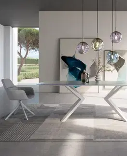 Jedálenské stoly DELIFE Jedálenský stôl Edge zaoblený 240x120 reliéfne sklo perleťový 3D dizajn Zenthara hranatý kov biely