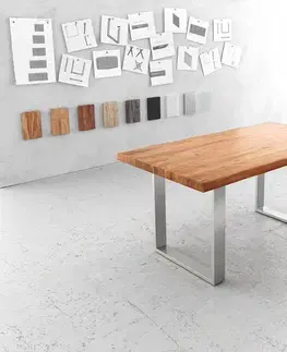 Jedálenské stoly DELIFE Jedálenský stôl Edge 160x90 cm XL akácia prírodná nerezová oceľ úzky Live-Edge