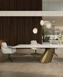 Jedálenské stoly DELIFE Jedálenský stôl Edge 300x100 keramika Calacatta Luxe bielo-zlato-šedá parabolický metalický zlatý