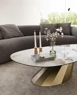Konferenčné stolíky DELIFE Konferenčný stolík Edge oválny 140x75 cm keramika Minas Melange Parabi metalická zlatá