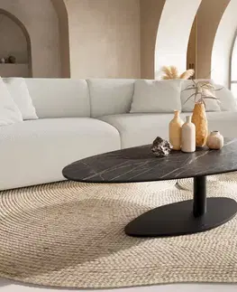 Konferenčné stolíky DELIFE Konferenčný stolík Edge oválny 140x75 cm keramika Laminam® Noir Desir hnedý Vibany kov čierny