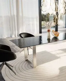Jedálenské stoly DELIFE Jedálenský stôl Edge 300x100 reliéfne sklo dymovo čierna 3D dizajn nerezová oceľ úzky