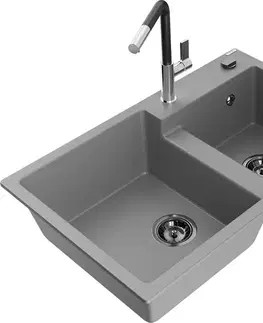 Kuchynské drezy MEXEN/S MEXEN/S - Tomas granitový drez 2-bowl vrátane batérie Flora, šedá 6516-71-670401-07-B