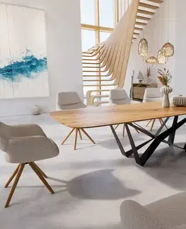 Jedálenské stoly DELIFE Jedálenský stôl Edge zaoblený tvar 300x120x2,5-3 dub prírodný Spider plochá oceľ čierna švajčiarska hrana