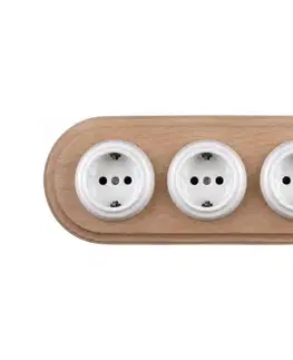 Predlžovacie káble Elhard - Trojitá keramická retro domová zásuvka s rámom SCHUKO 230V biela/drevo EF0097+3xEF0087