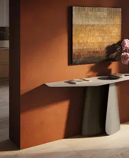 Konzolové stolíky DELIFE Konzolový stolík Edge polygonálny 180×50 cm keramika Laminam® Travertino Bianco krémovo biela Livos kov titánová farba