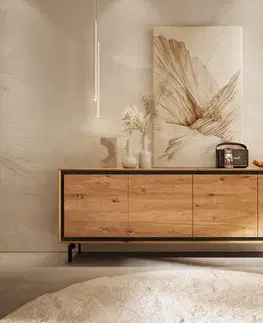 Komody DELIFE Komoda Stonegrace 200 cm dub prírodná 4 dvierka podstava oválna kov čierna