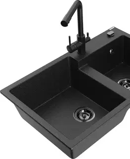 Kuchynské drezy MEXEN/S MEXEN/S - Tomas granitový drez 2-bowl vrátane batérie Duero, čierna/srebrny metalik 6516-73-671600-70-B