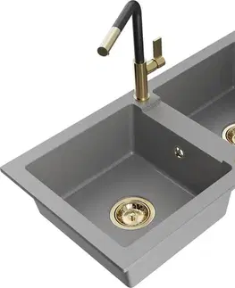 Kuchynské drezy MEXEN/S MEXEN/S - Mario granitový drez 2-bowl vrátane batérie Flora, šedá 6504-71-670401-57-G
