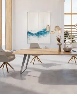 Jedálenské stoly DELIFE Jedálenský stôl Edge zaoblený tvar 300x120x2,5-3 dub prírodný nerezová oceľ skosený švajčiarska hrana