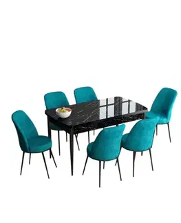 Jedálenské sety Extendable Dining Table & Chairs Set (7 Pieces) Han - Black Marble, Turquoise