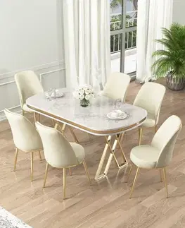 Jedálenské sety Dining Table & Chairs Set (7 Pieces) Lai - White, Gold, Cream