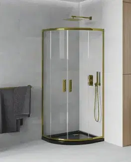 Vane MEXEN/S - Rio sprchovací kút štvrťkruh 90x90, transparent, zlatá + čierna vanička so sifónom 863-090-090-50-00-4170G