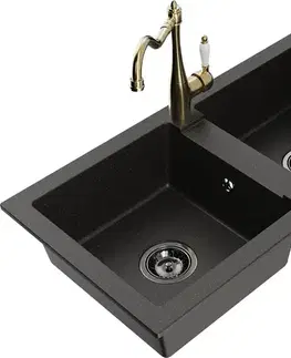 Kuchynské drezy MEXEN/S MEXEN/S - Mario granitový drez 2-bowl vrátane batérie Carla, čierna/zlatá metalik 6504-75-670700-50-B