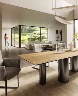 Jedálenské stoly DELIFE Jedálenský stôl Edge 300x100 keramika Laminam® sabbia dubová farba podstava nerezová oceľ grafitová