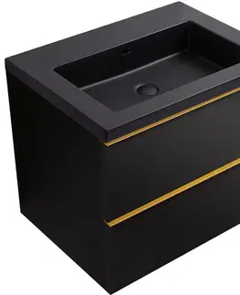 Kúpeľňový nábytok CERANO - Kúpeľňová skrinka Velora - čierna matná, úchytka zlatá + umývadlo z lit. mramoru Ovo - čierna matná - 60,5x58x46,5 CER-979965