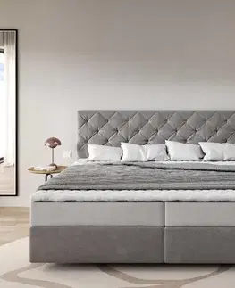 Postele Boxspring DELIFE Boxspring posteľ Dream-Great mikrovlákno sivá 200x200 cm s vreckovou pružinovou matracou a topperom Visco
