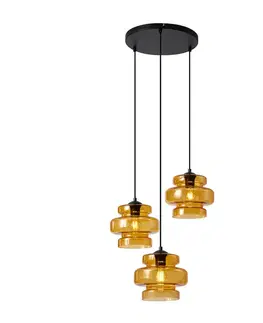 Závesné svietidlá Retro závesná lampa čierna s oranžovým sklom 3-svetlá - Denise