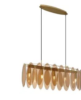 Závesné svietidlá Závesná lampa Art Deco zlatá s jantárovým sklom oválna 5-svetiel - Mochan