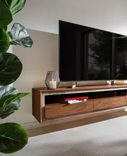 Televízne stolíky DELIFE TV stolík Stonegrace 175 cm akácia hnedá kamenná dyha 3 zásuvky 1 priehradka závesný