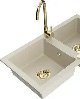 Kuchynské drezy MEXEN/S MEXEN/S - Mario granitový drez 2-bowl vrátane batérie Telma, béžová 6504-69-670200-50