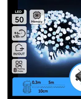 LED osvetlenie  B.V.  - vonkajšia LED reťaz, 50 LED, 8 funkcií, 3×AA, 5,3 m, IP44, studená biela B10303K5K