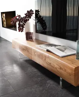 Televízne stolíky DELIFE TV stolík New Live-Edge 175 cm akácia prírodná 4 dvierka akrylová podstava
