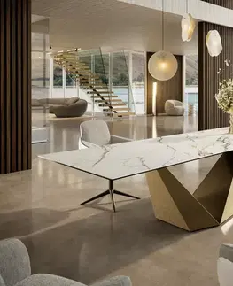 Jedálenské stoly DELIFE Jedálenský stôl Edge 300x100 keramika Calacatta Luxe bielo-zlato-šedá Prisma metalická zlatá