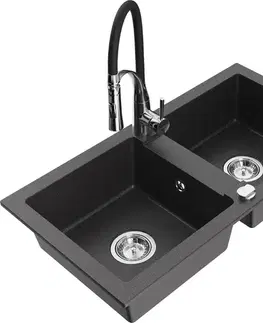 Kuchynské drezy MEXEN/S MEXEN/S - Mario granitový drez 2-bowl vrátane batérie Aster, čierna kropenatá 6504-76-73450-07