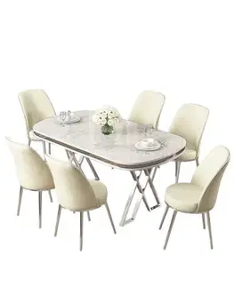 Jedálenské sety Dining Table & Chairs Set (7 Pieces) Lai - White, Chrome, Cream