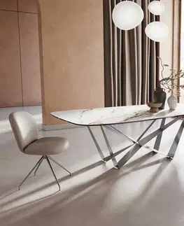Jedálenské stoly DELIFE Jedálenský stôl Edge zaoblený tvar 240x120 keramika Calacatta Luxe bielo-zlato-šedá Spider plochá oceľ nerezová oceľ