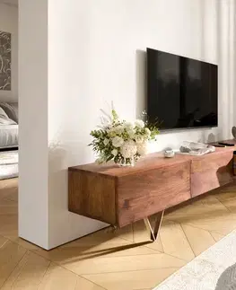 Televízne stolíky DELIFE TV stolík Wyatt 220 cm akácia hnedá 4 zásuvky podstava v tvare V nerezová oceľ