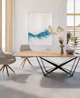 Jedálenské stoly DELIFE Jedálenský stôl Edge zaoblený tvar 300x120x2,5-3 dub prírodný Spider plochá oceľ čierna švajčiarska hrana