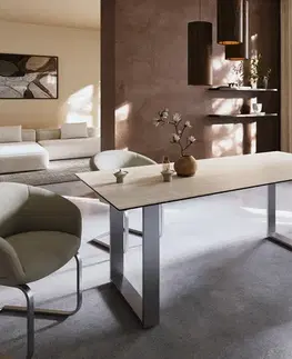 Jedálenské stoly DELIFE Jedálenský stôl Edge 200x100 keramika Laminam® Travertino Bianco krémovo biela nerezová oceľ úzky