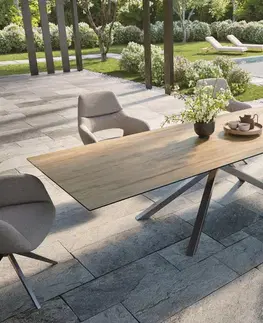 Záhradné stoly DELIFE Záhradný jedálenský stôl Edge 300x100 cm keramika Laminam® sabbia dubová krížová podstava obdĺžnik nerezová oceľ