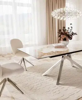Jedálenské stoly DELIFE Jedálenský stôl Edge 180-220x100 keramika Minas melange bielo-béžová krížová podstava obdĺžnik nerezová oceľ rozkladací