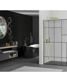 Sprchové dvere MEXEN/S - Kioto L Sprchová zástena WALK-IN 80 x 200, čierny vzor, zlato kartáčovaná 800-080-103-55-78